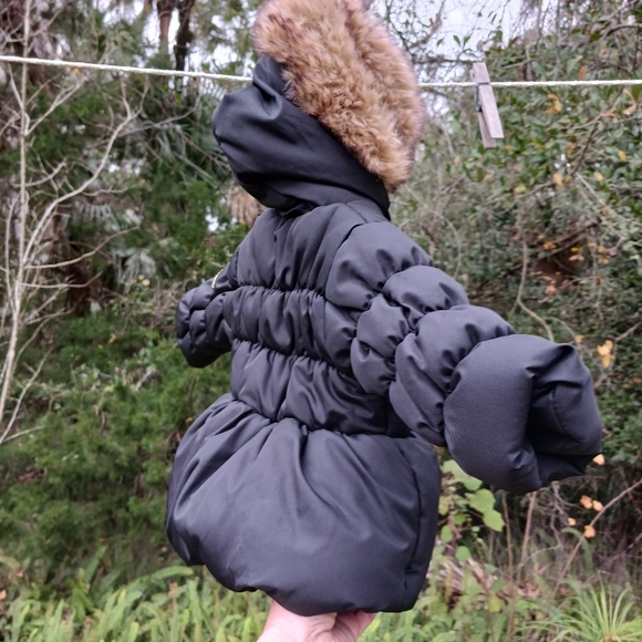 PacificTrail 6 Month Black Puffer Jacket Leopard Print Faux Fur Trimmed Hood - Picture 11 of 13